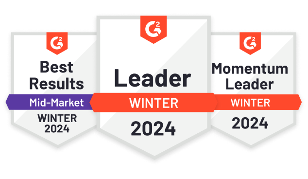 Leader badge G2 2024 with Best Results Mid-Market and Momentum Leader awards, highlighting achievement in software rankings., G2, 2024